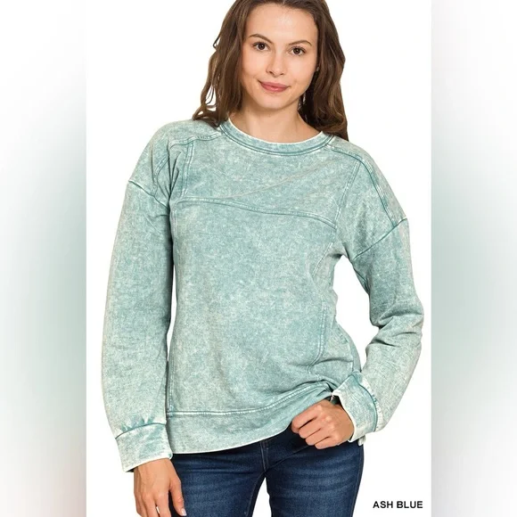 Zenana Acid Wash French Terry Exposed-Seam Pullover - Picture 1 of 4